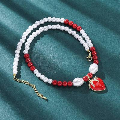 Strawberry Brass Micro Pave Clear Cubic Zirconia Red Enamel Pendant Necklaces for Women NJEW-G162-04G-1