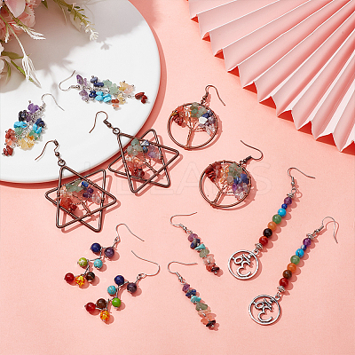 6 Pairs 6 Style Natural Mixed Gemstone Tree of Life Dangle Earrings EJEW-AN0003-18-1