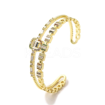 Square Glass Open Cuff Bangle with Cubic Zirconia BJEW-A136-02G-1