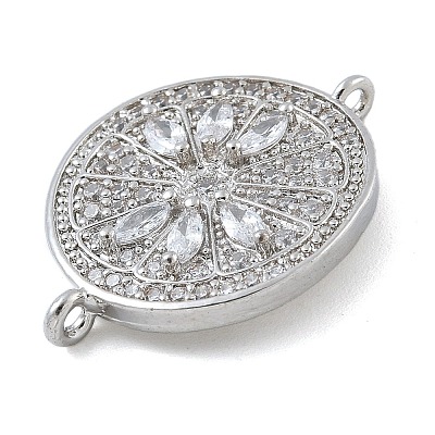 Rack Plating Brass Clear Cubic Zirconia Flat Round Connector Charms KK-A234-045P-1