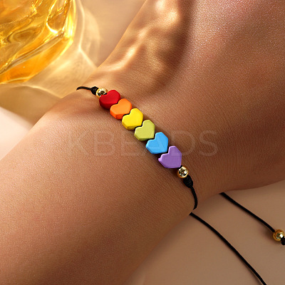 Friendship Rainbow Heart & Brass Bead Adjustable Braided Bracelets VD3512-2-1