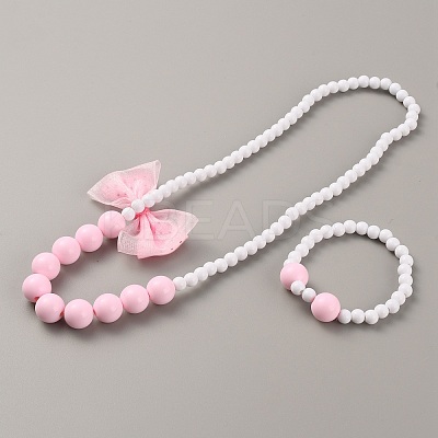 Plastic Bowkont Pendant Necklace and Round Beaded Stretch Bracelet SJEW-TAC0002-02-1