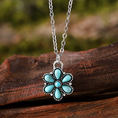 Alloy Pave Dyed Synthetic Turquoise Pendant Flower Necklaces FS-WG8B1C9-01-1