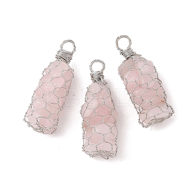 Rack Plating Copper Wire Wrapped Natural Rose Quartz Chip Big Pendants G-C130-01P-06-1