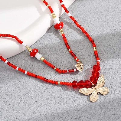 Resin Mushroom & Natural Shell & Glass Seed Beaded Alloy Butterfly Charm Double Layer Stretch Waist Chains for Women FS-WGE52BD-01-1