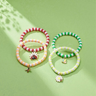 4Pcs 4 Styles Insect Theme Alloy Enamel Stretch Charm Bracelets BJEW-JB08763-1