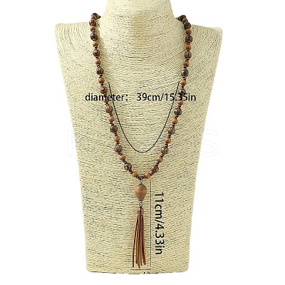 Bohemian Style Alloy with Wood Round Beaded Teardrop Tassel Mala Necklaces FS-WGF1DE6-01-1