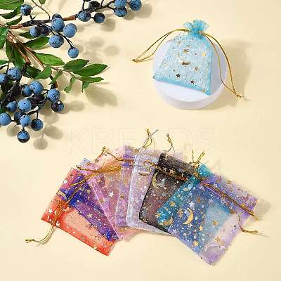 50Pcs 10 Colors Gold Stamping Moon & Star Organza Drawstring Gift Storage Bags ABAG-FS0001-11-1