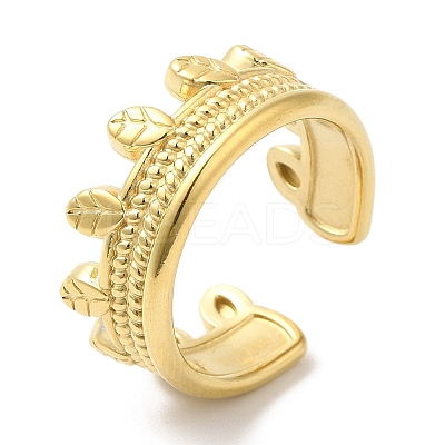 304 Stainless Steel Leaf Open Cuff Ring for Women RJEW-I098-14G-1