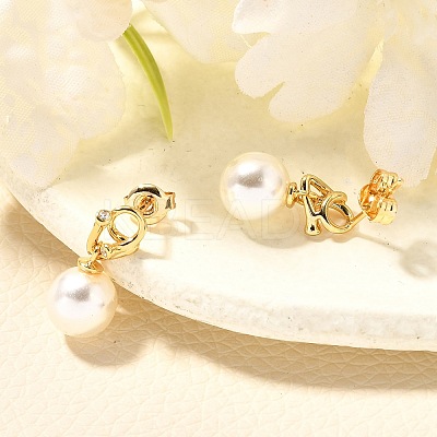 Round Brass Micro Pave Cubic Zirconia & ABS Plastic Pearl Dangle Stud Earrings EJEW-C126-06G-1
