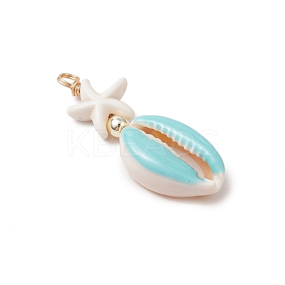 Cowrie Shell Enamel & Synthetic Turquoise Starfish Pendants PALLOY-JF03406-01-1