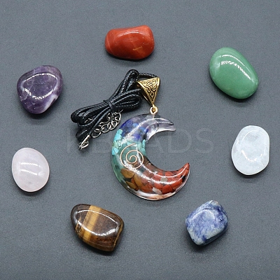 7 Chakra Tumbled Stone & Moon Pendant Necklace Mixed Natural Gemstone Healing Stones Set X1-PW-WG21137-02-1