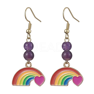Rainbow Alloy Enamel & Natural Amethyst Dangle Earrings for Women EJEW-JE05923-1