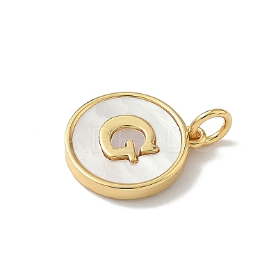 Brass Pave Natural Shell Flat Round with Letter Charms KK-Z115-13G-G-1