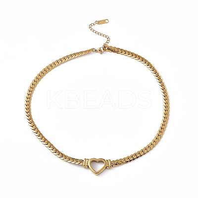 304 Stainless Steel Hollow Out Heart Charm Necklace with Cuban Link Chains for Women LS-NJEW-P269-01G-1