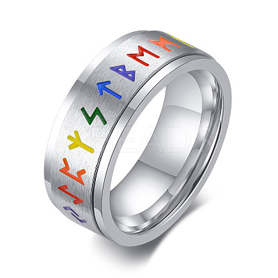 Rainbow Color Pride Flag Rune Words Odin Norse Viking Amulet Enamel Rotating Ring RABO-PW0001-037E-1