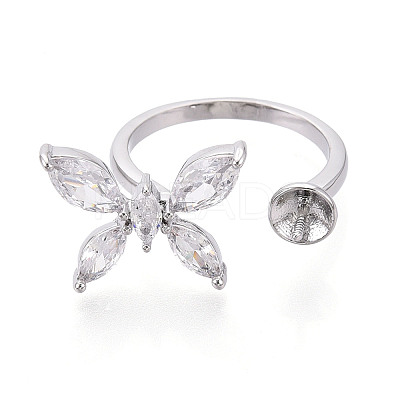 Butterfly Shape Brass Micro Pave Clear Cubic Zirconia Cuff Ring Settings for Half Drilled Beads KK-T076-47P-1