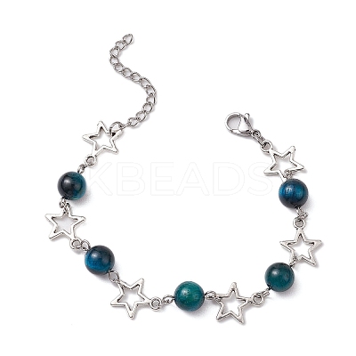 3Pcs Dyed Tiger Eye and Alloy Star Charms Link Bracelets for Women BJEW-TA00559-1