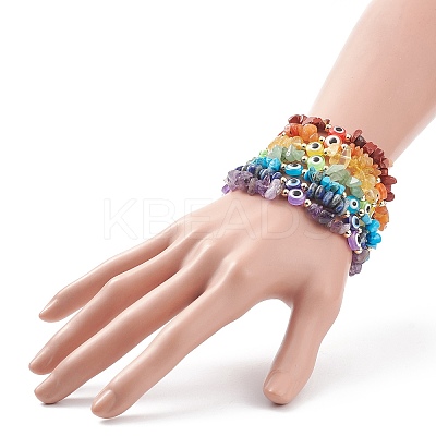 7Pcs Natural & Synthetic Mixed Gemstone Chips & Resin Evil Eye Beaded Stretch Bracelets Set BJEW-JB08814-1