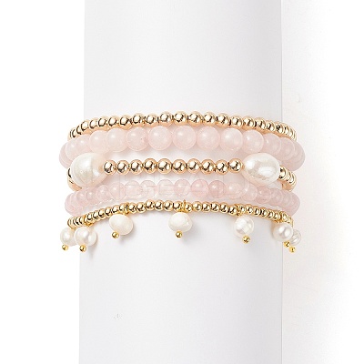 5Pcs 5 Style Natural Rose Quartz & Brass Beaded Stretch Bracelets Set BJEW-JB08870-02-1