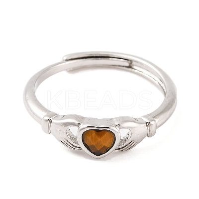 Hand with Heart Natural Tiger Eye Agate Adjustable Rings RJEW-Q817-06P-04-1