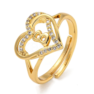 Heart with Letter Rack Plating Brass Micro Pave Clear Cubic Zirconia Adjustable Rings for Women RJEW-I105-01G-B-1