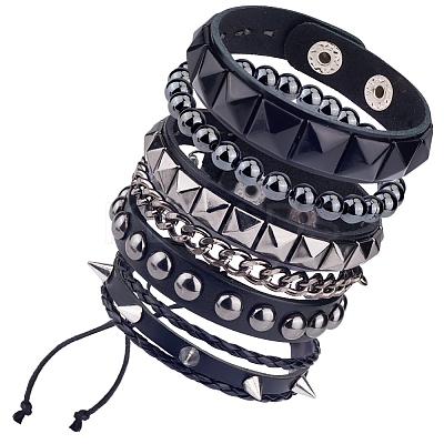 4Pcs 4 Styles Punk Style Hematite Round Beaded Stretch Bracelets & Rivets Bracelets  with Alloy Braided Bead Bracelets & Imitation Leather Bangles for Men Women BJEW-WH20002-09A-1