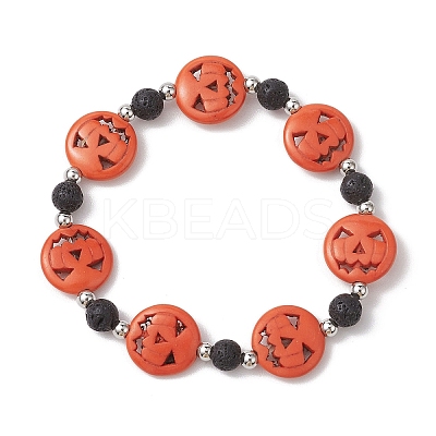 Halloween Pumpkin Synthetic Turquoise & Natural Lava Rock Beaded Stretch Bracelets BJEW-TA00487-1