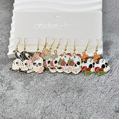 5 Pairs Halloween Skull Alloy Enamel Dangle Earrings FS-WGBF0DA-01-1