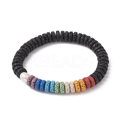 Dyed Colorful Natural Lava Rock Disc & Pearl Beaded Stretch Bracelet BJEW-JB09758-1