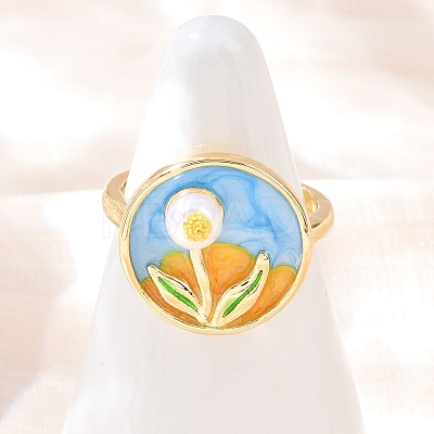 Brass Sky Blue Enamel Flower Cuff Rings RJEW-C139-17C-G-1