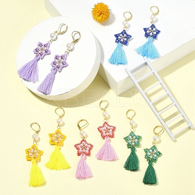 Glass Pearl Beaded Star with Tassel Dangle Leverback Earrings EJEW-MZ00054-1