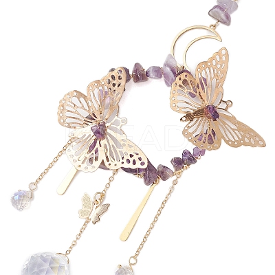 Iron Butterfly & Natural Amethyst Chip Ring Pendant Decorations HJEW-TA00244-1