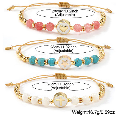 3Pcs Minimalist Adjustable Synthetic Turquoise & Watermelon Stone Glass & Natural Shell Beads Braided Bead Bracelets SR5600-4-1