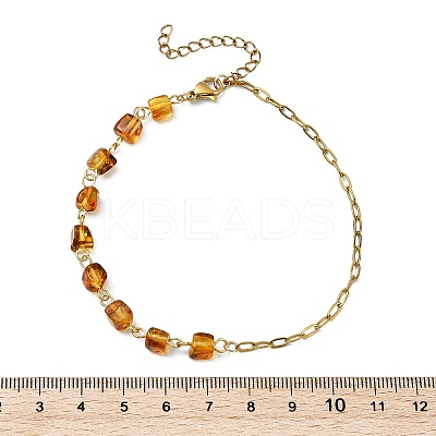 Natural Amber Cube Beads Link Chain & 304 Stainless Steel Paperclip Chain Anklets for Women AJEW-AN00790-1