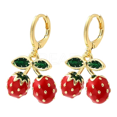 Brass Enamel Strawberry Dangle Earrings EJEW-L305-04G-1