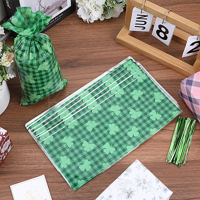 Rectangle Shamrock Clover Print Plastic Cookies Packing Pouches ABAG-WH0038-35B-1