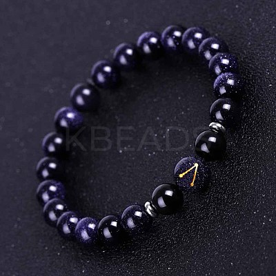 Sagittarius Round Synthetic Blue Goldstone & Natural Black Onyx(Dyed & Heated) Stretch Bracelets for Women Men EA3132-10-1