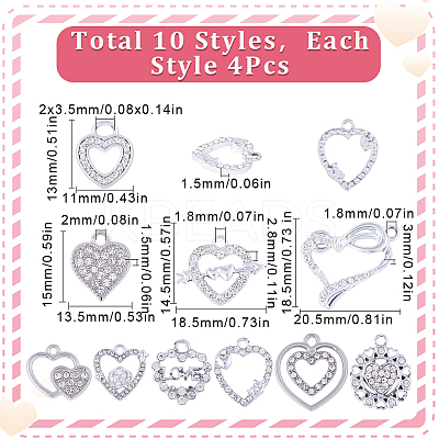40Pcs 10 Style Alloy Crystal Rhinestone Pendants ALRI-SC0001-35P-1