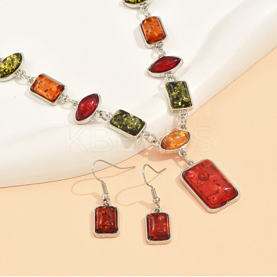 Rectangle Horse Eye Alloy & Resin Pendant Necklaces & Dangle Earrings Sets FS-WGE4E7B-01-1