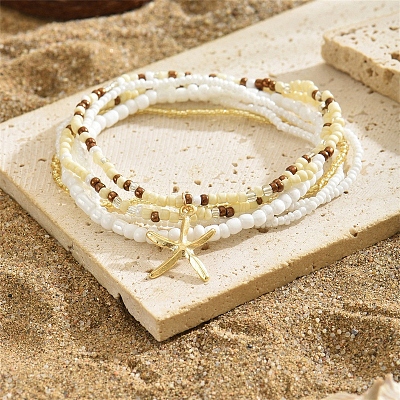 Multilayer Glass Seed Beads Starfish Pendant Anklet for Women PW-WG7288D-06-1