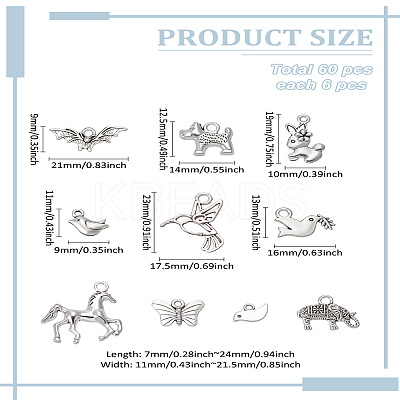 60Pcs 10 Styles Tibetan Style Gothic Alloy Pendants FIND-LP0002-14-1