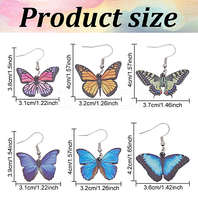 6 Pairs 6 Style Acrylic Butterfly Dangle Earrings EJEW-AN0001-07-1