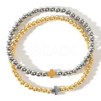 2Pcs Cross Brass & Synthetic Non-magnetic Hematite Beads Stretch Bracelet Set for Women SD2204-7-1