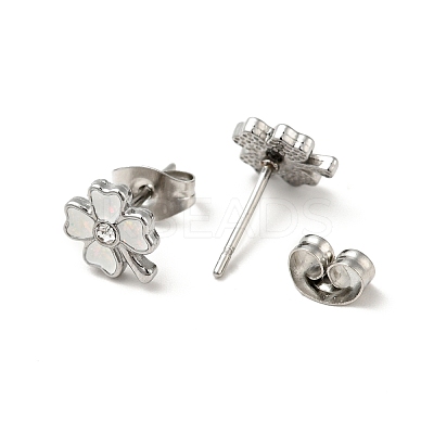 Enamel Clover with Crystal Rhinestone Stud Earrings with 316 Surgical Stainless Steel Pins EJEW-A081-12P-1