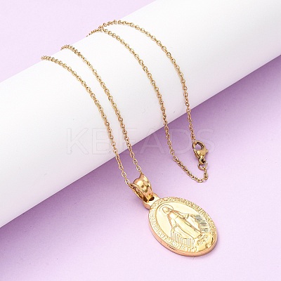 304 Stainless Steel Oval with Virgin Mary Pendant Necklaces for Women NJEW-B149-02G-1