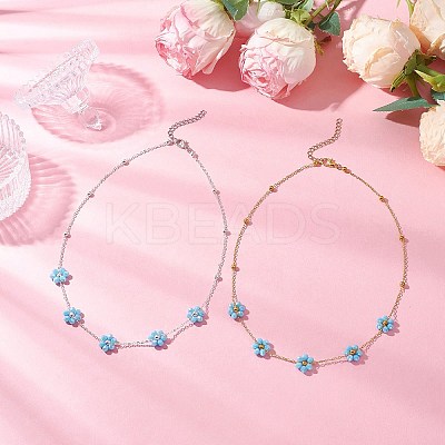 2Pcs 2 Colors Brass & Faceted Round Glass Beaded Flower Link Chain Necklaces NJEW-JN05296-1