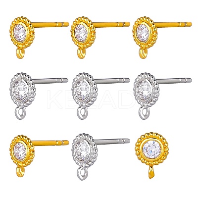8 Pair 2 Color Flat Round Brass Micro Pave Cubic Zirconia Stud Earring Findings ZIRC-SZ0005-03-1