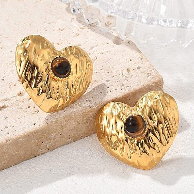 304 Stainless Steel Tiger Eye Stud Earrings EJEW-V016-03G-1