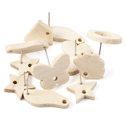36Pcs 9 Styles Rectangle & Flower & Butterfly & Star Ash Wood Stud Earring Findings EJEW-TA0001-19-1